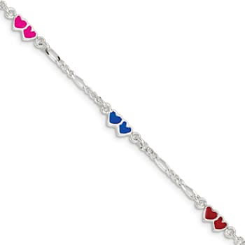 Sterling Silver Enameled Double Heart with 1-inch Extensions Children's Bracelet