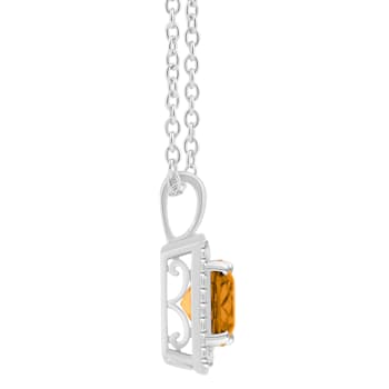 7mm Cushion Citrine 1/7 ctw Diamond Rhodium Over Sterling Silver Halo
Pendant with Chain
