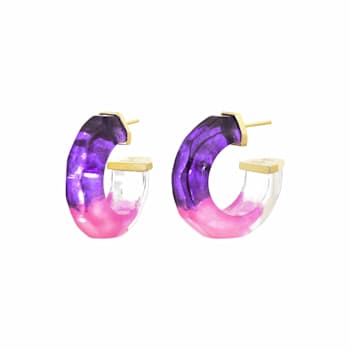 14K Yellow Gold Over Sterling Silver Purple and Pink Faceted Acrylic Huggies