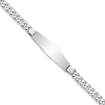 Rhodium Over 14k White Gold Flat Curb Link Soft Diamond Shape ID Bracelet