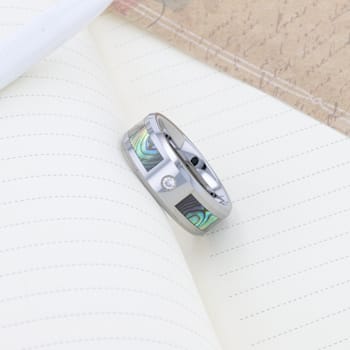 HONOLULU Mother of Pearl Inlay Tungsten Carbide Ring with Beveled Edges
and White Diamond 8mm