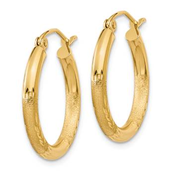 14k Yellow Gold Satin and Diamond-cut 13/16" Round Hoop Earrings