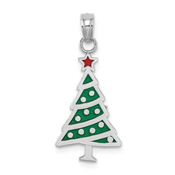 Rhodium Over 14k White Gold Green Enamel Christmas Tree with Red Star Charm