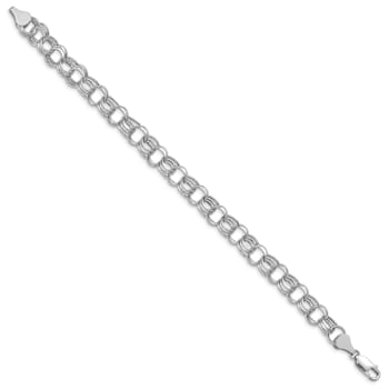 Rhodium Over 14k White Gold 8mm Diamond-Cut Triple Link Charm Bracelet