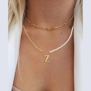 14K Gold Over Brass Initial Pearl Simulant Link Chain Necklace Letter Z