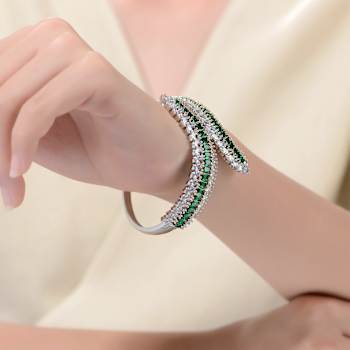 Emerald Color CZ Bangle Bracelet In Sterling Silver