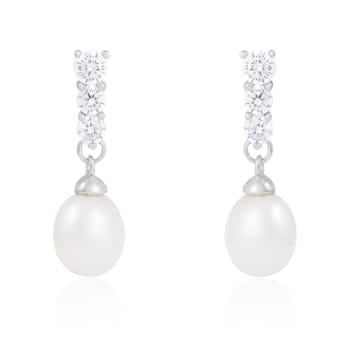 7-8mm White Cultured Freshwater Pearl and Cubic Zirconia Rhodium Over
Sterling Silver Earrings