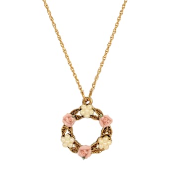 Yellow Base Metal With 14K Gold Dipped Round Faux Pearl Porcelain Flower
Necklace 16" Adj.