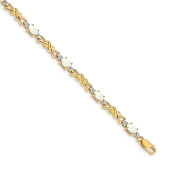 14k Yellow Gold and Rhodium Over 14k Yellow Gold Diamond and Oval Opal Bracelet