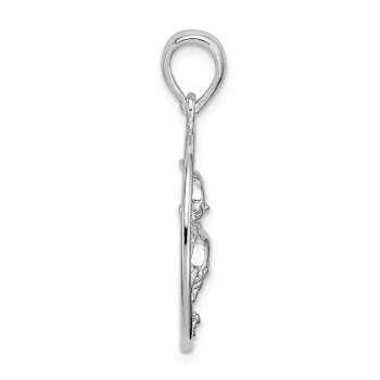 Rhodium Over Sterling Silver Polished Dolphins Swimming Oval Pendant