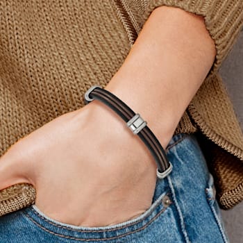 Black and Brown Leather and Stainless Steel Polished 8.25-inch Bracelet