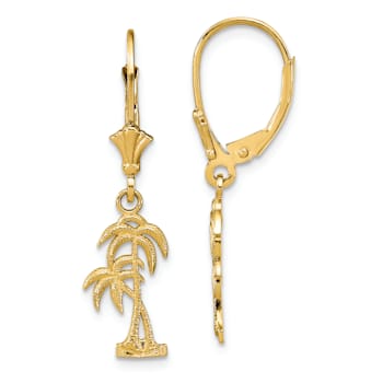 14k Yellow Gold Textured Palm Tree Earrings