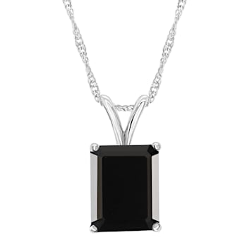 10x8mm Emerald Cut Black Onyx Rhodium Over Sterling Silver Pendant With Chain