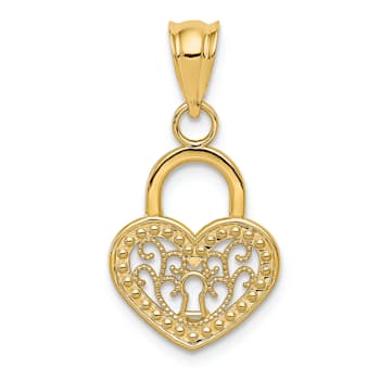 14K Yellow Gold Polished Filigree Heart Lock Charm