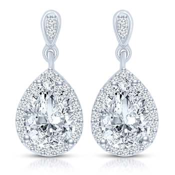 Pear Shape CZ Halo Drop Earrings In 14K Gold Over Brass