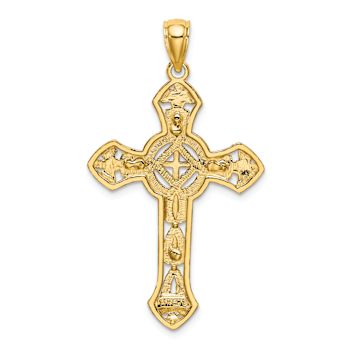 14k Yellow Gold Textured Cut-Out Floral Cross Pendant