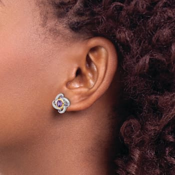 Sterling Silver with 14K Accent Rhodium-plated Amethyst and Pink Quartz Earrings