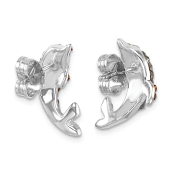 Rhodium Over Sterling Silver Pale Blue Crystal Dolphin Post Earrings