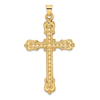 14k Yellow Gold Polished Textured Diamond Pattern Cross Pendant