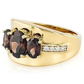 Mocha And White CZ 3-Stone Ring In 18K Gold Over Sterling Silver