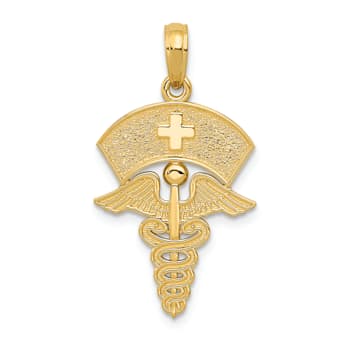 14k Yellow Gold Textured Caduceus with Nurses Cap Pendant