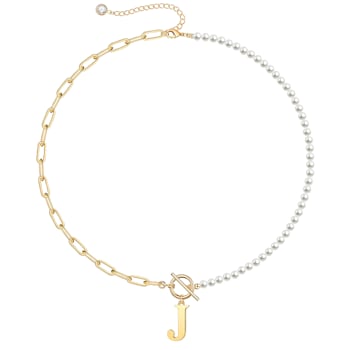 14K Gold Over Brass Initial Pearl Simulant Link Chain Necklace Letter J