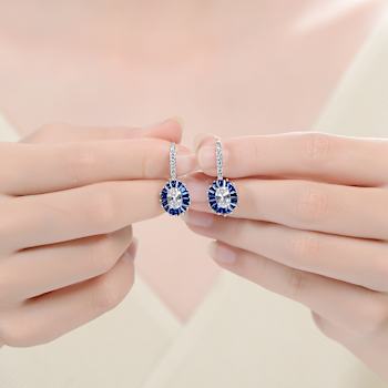 Sapphire Color CZ Halo Drop Earrings In Sterling Silver