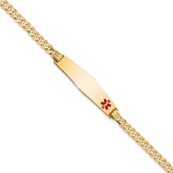 14k Yellow Gold Medical Soft Diamond Shape Red Enamel Flat Curb Link ID Bracelet
