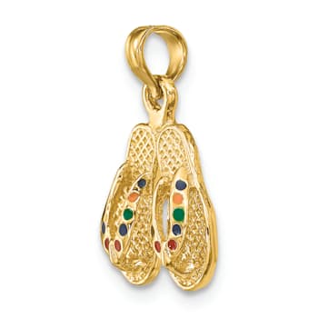 14k Yellow Gold 3D with Multi-Color Enamel Double Flip-Flop Charm