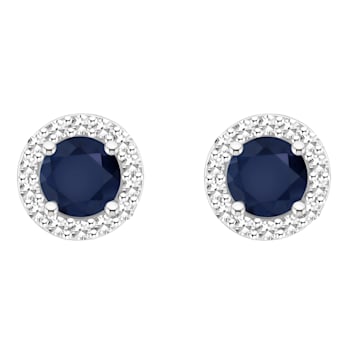 4mm Round Sapphire 1/8 ctw Diamond Rhodium Over Sterling Silver Halo
Stud Earrings