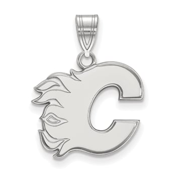 Rhodium Over Sterling Silver NHL LogoArt Calgary Flames Medium Pendant
