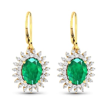 3.06ctw 14K Yellow Gold  Zambian Green Emerald and White Diamond Halo Earrings