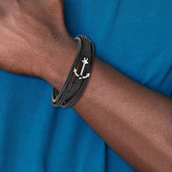 Black Leather and Stainless Steel Polished Anchor Genuine PU with
0.5-inch Extension Bracelet
