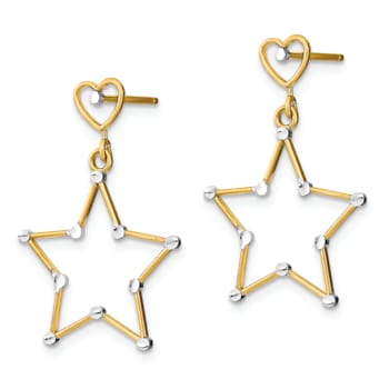 14K Two-tone Gold Diamond-Cut Heart and Star Dangle Earrings