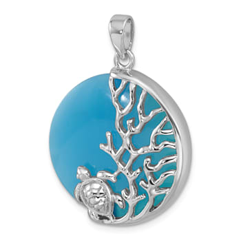 Rhodium Over Sterling Silver Blue Agate Turtle and Reef Round Pendant