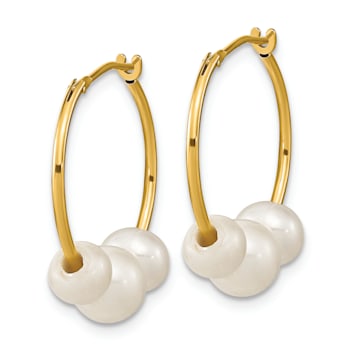 14K Yellow Gold 13/16" Round White Freshwater Cultured Pearl Hoop Earrings