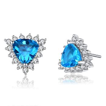Blue Topaz Color CZ Triangle Stud Earrings In Sterling Silver