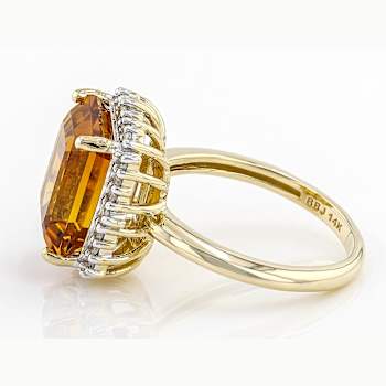 Citrine Rectangular Octagonal And White Diamond Ring In Solid 14K Yellow
Gold 5.53ctw