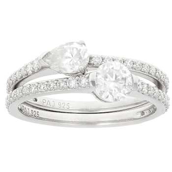 Moissanite Pear and Round Ring Set in Platinum Silver
