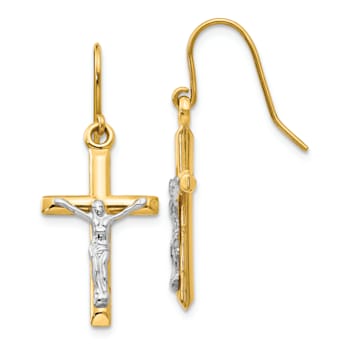 14k Yellow Gold and 14k White Gold Polished Crucifix Dangle Earrings