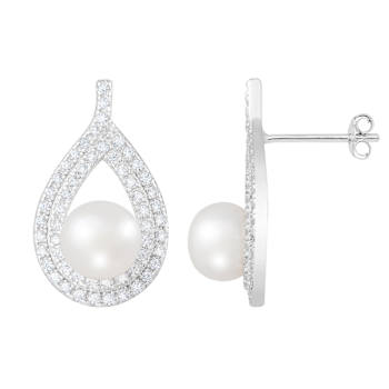 7-11mm Button White Freshwater Pearl and CZ Rhodium Over Sterling
Earring and Pendant W/Chain Set