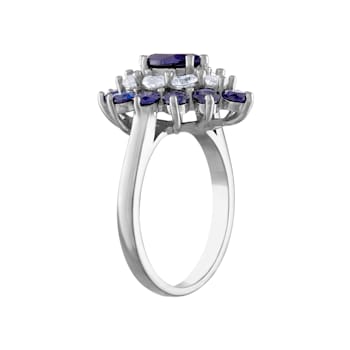 Lab Created Sapphire Double Halo Sterling Silver Ring 3.61 ctw
