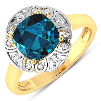 London Blue Topaz and White Diamond 14K Yellow Gold Halo Ring 2.24 ctw