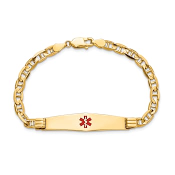 14k Yellow Gold Medical Soft Diamond Shape Red Enamel Mariner Link ID Bracelet