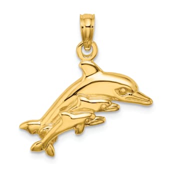 14k Yellow Gold Dolphin with 2 Baby Dolphins Pendant