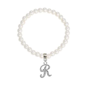 White Faux Pearl Bead Initial Charm Stretch Bracelet