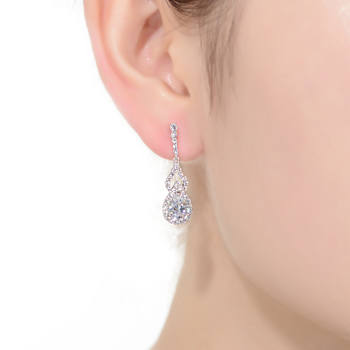 Pear Shape CZ Halo Drop Earrings In Sterling Silver