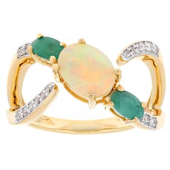 Opal, Emerald And White Zircon Ring In 18K Gold Over Sterling Silver 1.15ctw