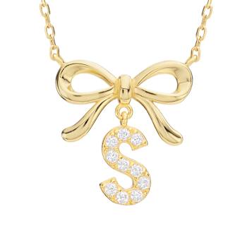 Initial S Bow CZ Necklace In 14K Gold Over Sterling Silver 0.23ctw