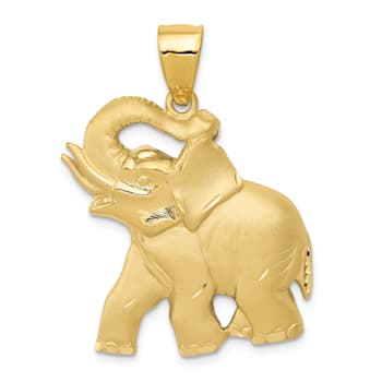 14k Yellow Gold Solid Satin and Diamond-Cut Open-backed Elephant Pendant